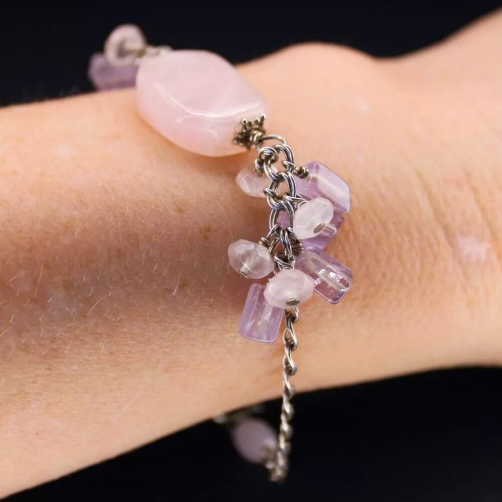 Vintage 925 Sterling Silver Rose Quartz Amethyst Beaded DBL Curb Chain Bracelet